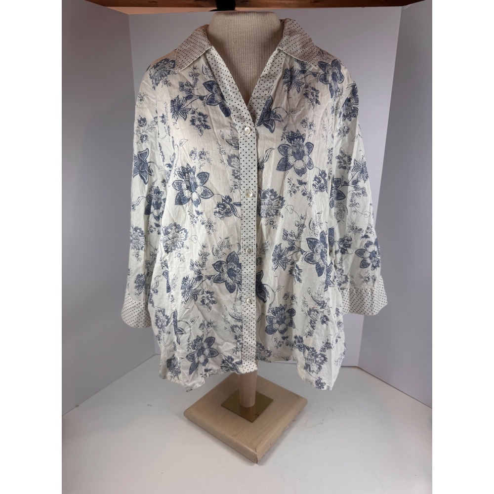 CJ Banks Womens 1X Blue Floral Polka Dot Trim 3/4 Sleeve Button Down Blouse